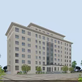 Modern White Multi Story Office Building With Large Windows Surrounded by Trees and Blue Sky