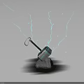 Mystical Thor's Hammer Embedded in Stone with Bright Blue Lightning Effects