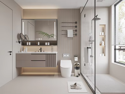 Modern Bathroom Interior With Vanity Mirror Toilet Shower Area Shelves And Natural Light 3d model