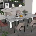 Modern Dining Area With Marble Table Brown Leather Chairs Vase Fruit Plate And Green Plants