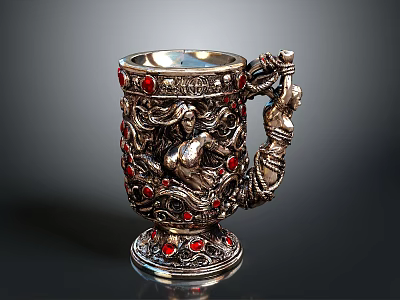 Decorative Silver Cup With Carved Female Figure And Red Gemstones Accents 3d model