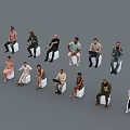 Group of People Sitting on Chairs with Various Poses Different Clothing Styles Against Gray Background