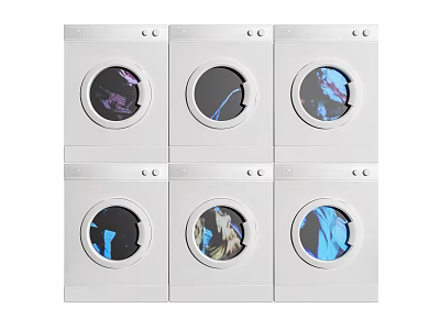 White Background Wall Featuring Six White Washing Machines With Circular Windows In Two Rows 3d model