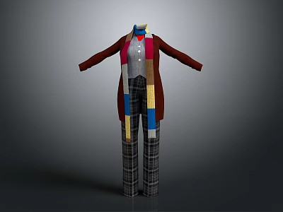 Stylish Winter Outfit With Brown Coat Red Shirt Plaid Pants And Colorful Scarf 3d model