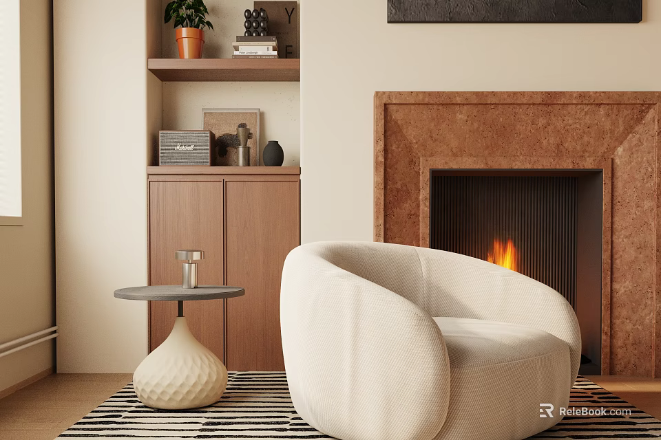 Cozy Upholstered Single Sofa in Modern Living Room with Fireplace Side Table and Decorative Shelf 3d model 