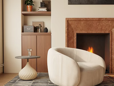 Cozy Upholstered Single Sofa in Modern Living Room with Fireplace Side Table and Decorative Shelf 3d model
