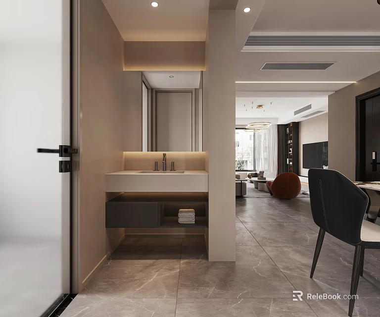 Stylish Modern Bathroom Interior With Vanity Mirror Soft Lighting And Tile Flooring 3d model