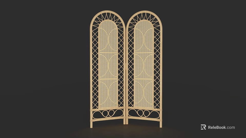 Double Panel Arched Wicker Room Divider With Decorative Grid Design 3d model