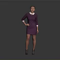 Woman In Purple Dress With White Collar Standing Hands On Hips Against Gray Background