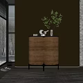 Modern Wooden Console Cabinet With Walnut Finish And Decorative Vase Plant Near Window