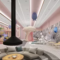 Indoor Playground With Green Plant Walls Swimming Pool Red Decorations Marble Floors And Seating Area