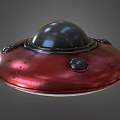 Futuristic Disc Shaped UFO Spacecraft With Metallic Red Exterior And Dome Cockpit