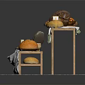 Various Fresh Bread Loaves Displayed On Wooden Stand With Tablecloth And Tile Floor