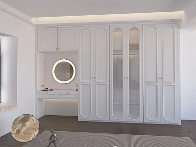 White Modern Wardrobe with Transparent Glass Doors and Dressing Table Round Mirror on Dark Floor 3d model