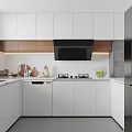 Modern Kitchen Interior With White Cabinets Black Range Hood Stainless Steel Appliances And Wooden Accents