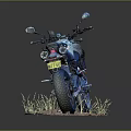 White and Blue Motorcycle with Number 03 Parked on Sandy Ground with Grass