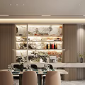 Elegant Modern Restaurant Interior With Dining Table Beige Chairs Wall Artwork And Wine Rack 3d model