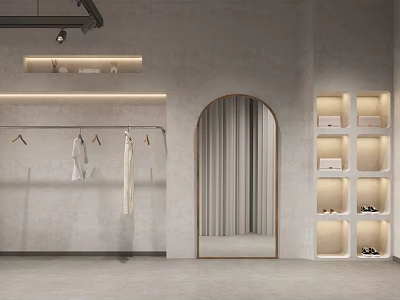 Minimalist Clothing Store Interior with Hanging Clothes Arched Mirror and Shelved Cabinets 3d model