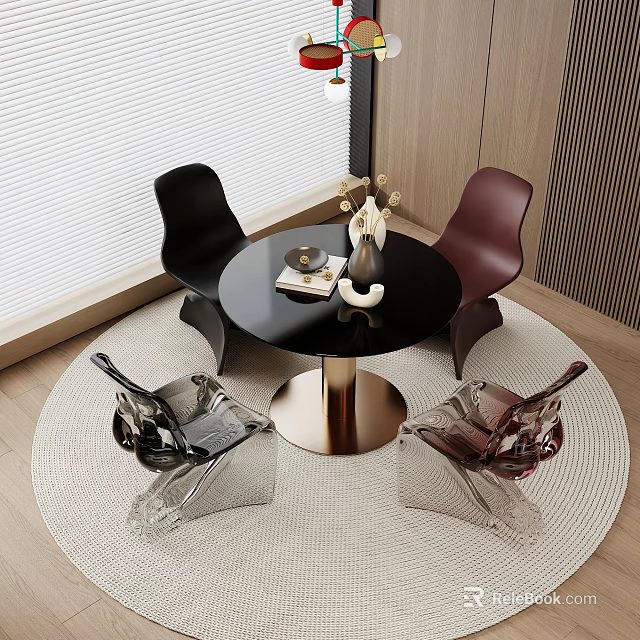 Modern Round Black Table With Golden Legs And Black Transparent Chairs Set On Woven Rug 3d model 
