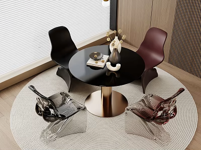 Modern Round Black Table With Golden Legs And Black Transparent Chairs Set On Woven Rug 3d model