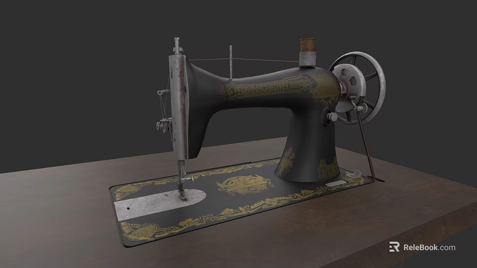 Antique Vintage Black Sewing Machine With Gold Patterns On Wooden Table 3d model 