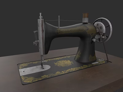 Antique Vintage Black Sewing Machine With Gold Patterns On Wooden Table 3d model
