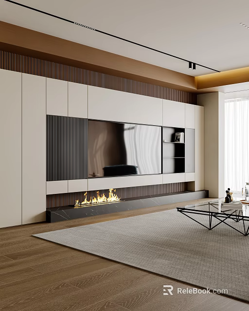 Modern Living Room Feature Wall with TV Fireplace and Wooden Cabinets 3d model 