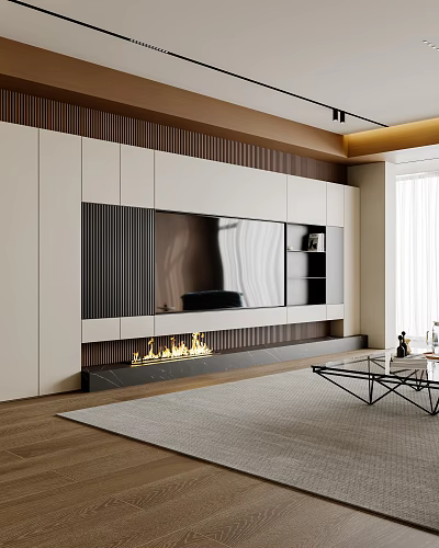 Modern Living Room Feature Wall with TV Fireplace and Wooden Cabinets 3d model
