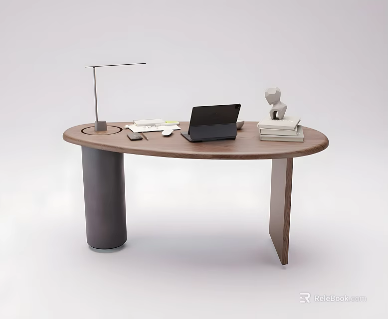Oval Shaped Wooden Office Desk with Laptop Desk Lamp Books And Small Figurine 3d model 