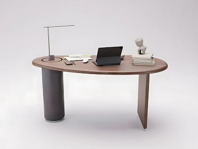 Oval Shaped Wooden Office Desk with Laptop Desk Lamp Books And Small Figurine 3d model