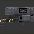 Industrial Metal Platform Structure With Connected Walkways Warning Stripes And Equipment Crates