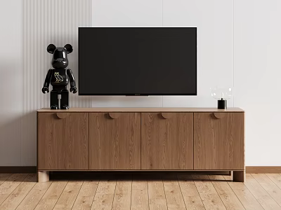 Modern Wooden TV Stand With Black Doll Glass Vase And Flat TV On Striped Wall 3d model