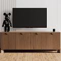 Modern Wooden TV Stand With Black Doll Glass Vase And Flat TV On Striped Wall