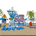 City Pop Themed Beach Setup With Palm Trees Colorful Decorations And Umbrellas