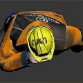 Man Wearing Yellow Hard Hat Orange Jacket Blue Pants With Green Reflective Stripes Rain Boots