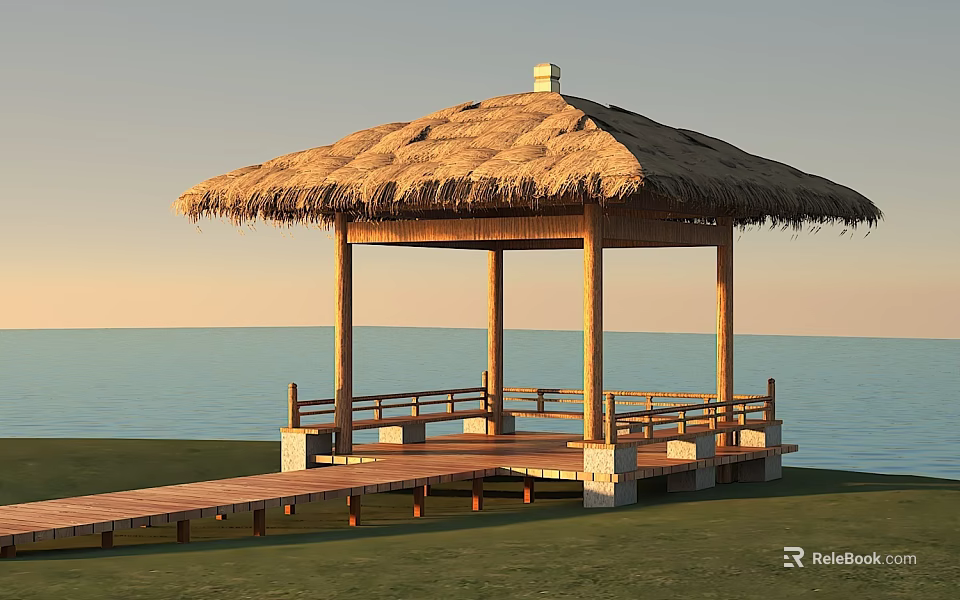 Thatched Roof Wooden Garden Pavilion With Seaside Grassland Wooden Walkway And Sunset Sky 3d model 