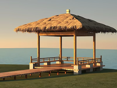 Thatched Roof Wooden Garden Pavilion With Seaside Grassland Wooden Walkway And Sunset Sky 3d model