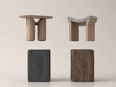 Modern Wooden Sofa Stools With Upholstered Seat And Various Wood Finishes 3d model