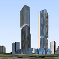 Modern Twin High Rise Office Buildings With Glass Curtain Walls And Urban Greenery