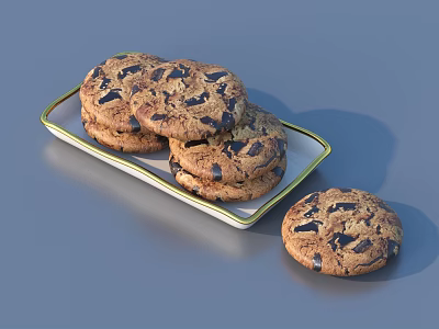 Delicious Chocolate Chip Cookies Stacked on a White Plate with a Single Piece Beside 3d model