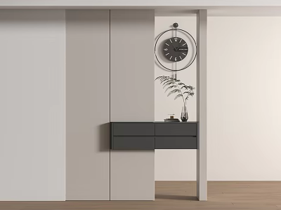 Modern Minimalist Entryway Hallway Interior Design With Storage Cabinet Decorative Clock And Potted Plant 3d model