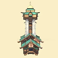 Cartoon Scene Of Detailed Wooden Building With Green Roof White Stone Tower And Smoking Chimney