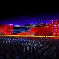 Stage Design with Red Blue Lighting Backdrop and Arranged Audience Seats Setup 3d model
