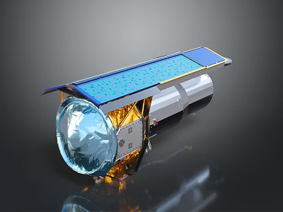 Satellite Equipment With Solar Panel Array Transparent Lens And Metallic Gold Structure 3d model