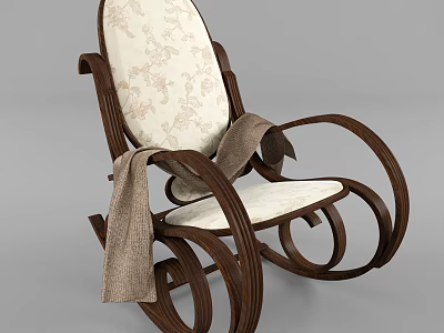Cozy Leisure Rocking Chair With Wooden Frame Patterned Fabric And Armrest Blanket 3d model