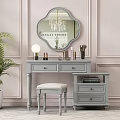 Light Gray Dressing Table With Oval Mirror Chandelier Makeup Items Stool And Pink Wall Paneling 3d model