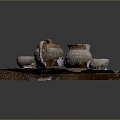 Ceramic Tea Set with Teapot and Teacups on Wooden Tray Wood Grain Design