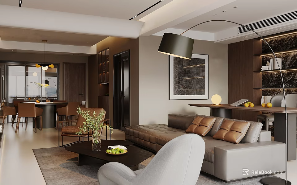 Modern Living Dining Room Interior With Sofa Coffee Table And Pendant Lights 3d model