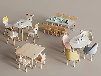 Kids Table and Chair Sets with Animal Shaped Chairs Light Wood Soft Colors and Toys 3d model
