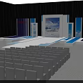Modern Blue Stage Setup With Lighting Backdrop Brand Logos And Seats 3d model